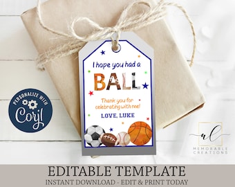 Sports Printable Tag, Edit Yourself Sports Favor Tags, Instant Download Sports Thank You Tag, Sports Birthday Tags, Editable Sports Tag