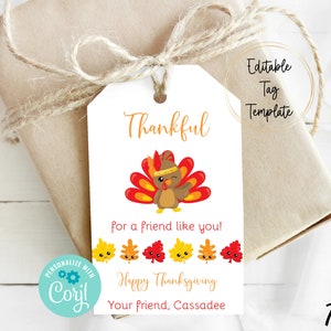 Kids Thanksgiving Printable Tags, Edit Yourself Thanksgiving Tags, Instant Download School Treat Tag, Girl Turkey Gift Tag, Thankful Friend