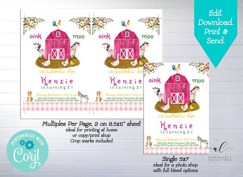 Girl Farm Birthday Printable Invitation Edit Yourself Pink - Etsy