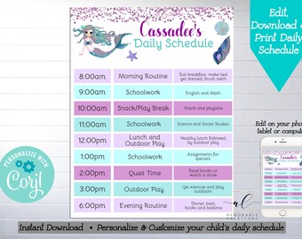 Editable Mermaid Daily Schedule, Edit Yourself Mermaid Daily Planner, Instant Download Mermaid Daily Routines Chart, Kids Daily Planner
