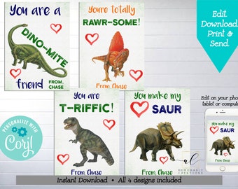 Dinosaur Valentine Printable Cards, Editable Dinosaur Valentines, Instant Download Valentine's Day Card, Kids Valentine Card, Boy Valentines