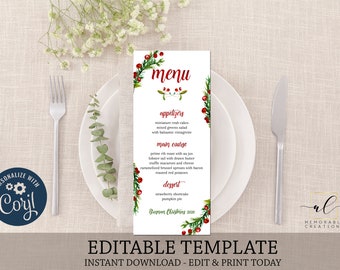 Holly Berry Christmas Printable Menu, Edit Yourself Christmas Menu Template, Instant Download Menu Card, Holiday Menu, Christmas Dinner