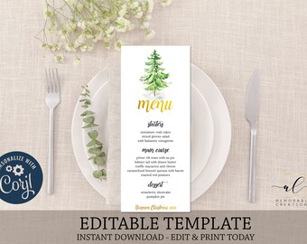 Snow Pine Tree Christmas Printable Menu, Edit Yourself Christmas Menu Template, Instant Download Menu Card, Holiday Menu, Christmas Dinner