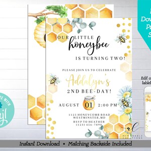 Honey Bee Birthday Printable Invitation, Edit Yourself Bee Invitation, Little Honey, Bee Day Invite, Bee Birthday Party, Instant Download