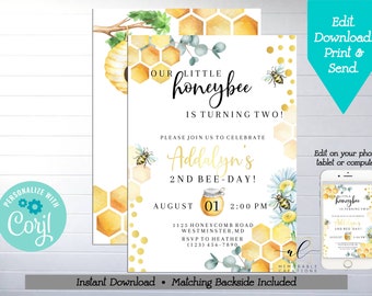 Honey Bee Birthday Printable Invitation, Edit Yourself Bee Invitation, Little Honey, Bee Day Invite, Bee Birthday Party, Instant Download