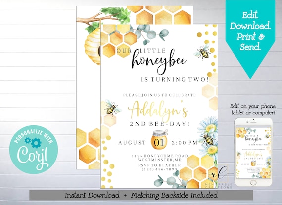 Honey Bee Birthday Printable Invitation, Edit Yourself Bee Invitation, Little Honey, Bee Day Invite, Bee Birthday Party, Instant Download