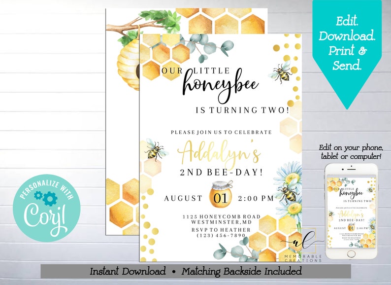 May include: A printable invitation for a 2nd birthday party with a bee theme. The invitation features a watercolor illustration of a honeycomb, bees, and flowers. The text on the invitation reads "Our little honeybee is turning two!" and "Addalyn's 2nd Bee-Day!"