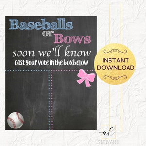 Baseball or Bows Sign, Gender Reveal Party Game, Gender Reveal Sign, Pink or Blue, Baseballs or Bows, Gender Guessing Game, Instant Download