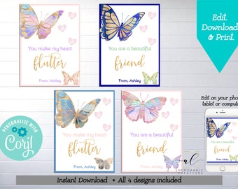Butterfly Valentine Printable Cards, Editable Butterfly Valentines, Instant Download Valentine's Day Cards, Girl Valentines, Kids Valentines