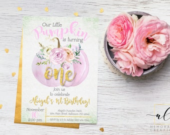 Pink Pumpkin Birthday Invitation, Little Pumpkin Birthday Invitation, Watercolor Floral Pumpkin Invite, Girl Pumpkin 1st Birthday Invite