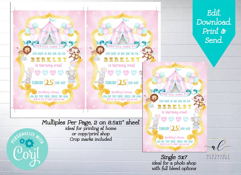 Circus Birthday Printable Invitation, Edit Yourself Pink Circus Birthday Invite, Circus Birthday Party, Big Top, Carnival, Instant Download image 3