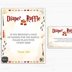 May include: A Harry Potter themed diaper raffle sign with a red and gold scarf, a cauldron, and a wand. The sign says "Diaper Raffle" and "If you brought a pack of diapers for the raffle, please place your ticket here. Thank you!"