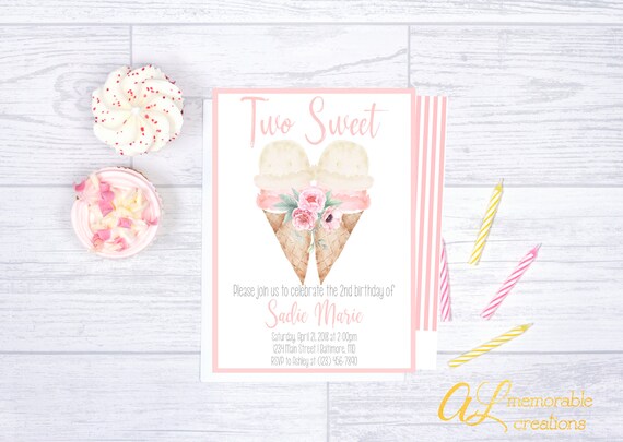 Two Sweet Invitation, Ice Cream Birthday Invitation, Floral Ice Cream Invitation, Ice Cream Invitation, Two Sweet Party, Girl 2nd Birthday