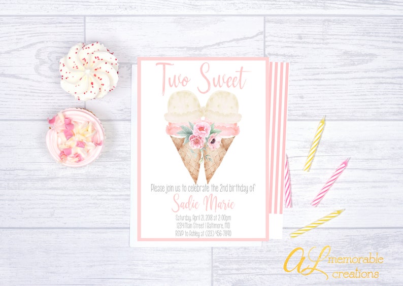 May include: A pink and white invitation card with the text "Two Sweet" and a graphic of two ice cream cones with flowers. The invitation is for a 2nd birthday party for Sadie Marie.