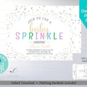 Baby Sprinkle Printable Invitation, Edit Yourself Gender Neutral Baby Sprinkle Invitation, Instant Download Rainbow Sprinkle Invite, Corjl