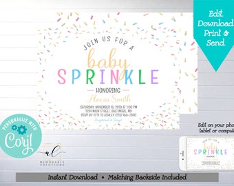 Baby Sprinkle Printable Invitation, Edit Yourself Gender Neutral Baby Sprinkle Invitation, Instant Download Rainbow Sprinkle Invite, Corjl