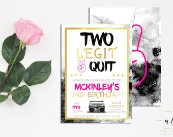 Two Legit 2 Quit Birthday Invitation, Girl Two Legit 2 Quit, Two Legit To Quit, Hip Hop Birthday Invitation, 2nd Birthday Invite, Stereo