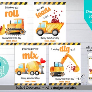 Construction Valentine Printable Cards, Editable Construction Truck Valentine, Instant Download Construction Valentines, Kids Valentine Card