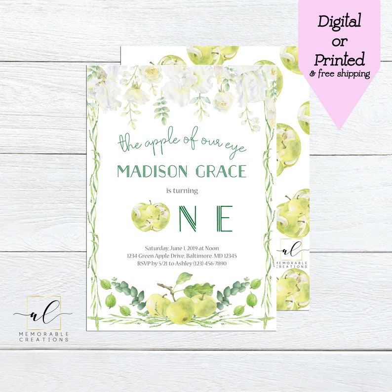 May include: A green apple-themed first birthday invitation with white flowers and greenery. The text reads "the apple of our eye MADISON GRACE is turning ONE".
