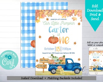 Blue Pumpkin Truck 1st Birthday Printable Invitation, Edit Yourself Boy Fall Birthday Invite, Little Pumpkin is One Invite, Instant Download