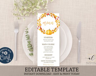 Könnte beinhalten: Editierbare Thanksgiving-Menüvorlage mit einem Aquarellkranz aus Herbstblättern, einem Kürbis und Beeren. Das Menü umfasst Vorspeisen, Hauptgericht, Dessert und das Datum "26. November 2020".