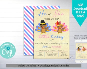Turkey Gender Reveal Party Printable Invitation, Edit Yourself Turkey Gender Reveal Invitation, Instant Download Thanksgiving Gender Reveal