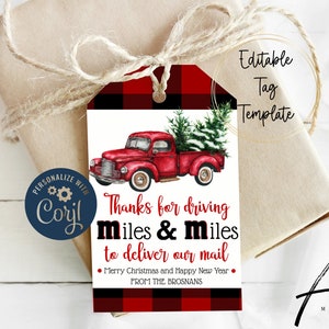 Red Truck Mail Carrier Christmas Printable Tags, Edit Yourself Mail Carrier Tags, Instant Download Mailman Gift Tag, Postal Worker, Mail Tag
