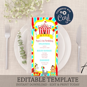 May include: Editable template for a circus-themed birthday party menu. The menu features a red and white striped tent with yellow stars and balloons. The text reads "MENU", "Nyra's 1st birthday", "STARTERS", "MAIN COURSE", and "DESSERT".