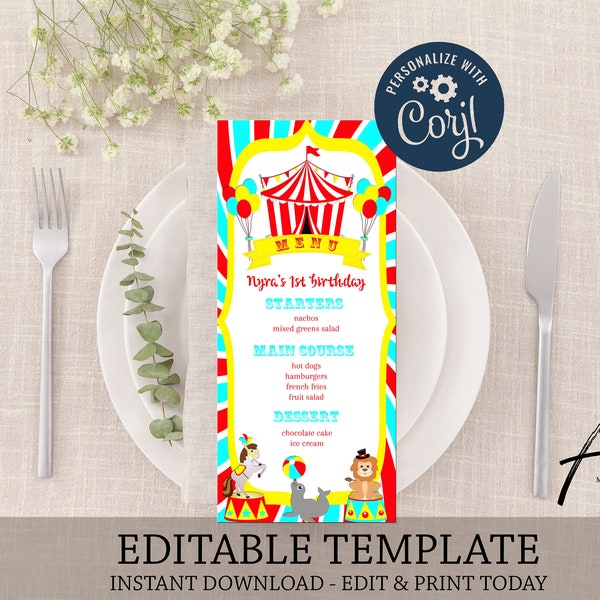 Circus Printable Menu, Editable Circus Menu Template, Instant Download Menu Card, Circus Birthday Party, Big Top Party, Carnival, Red Teal