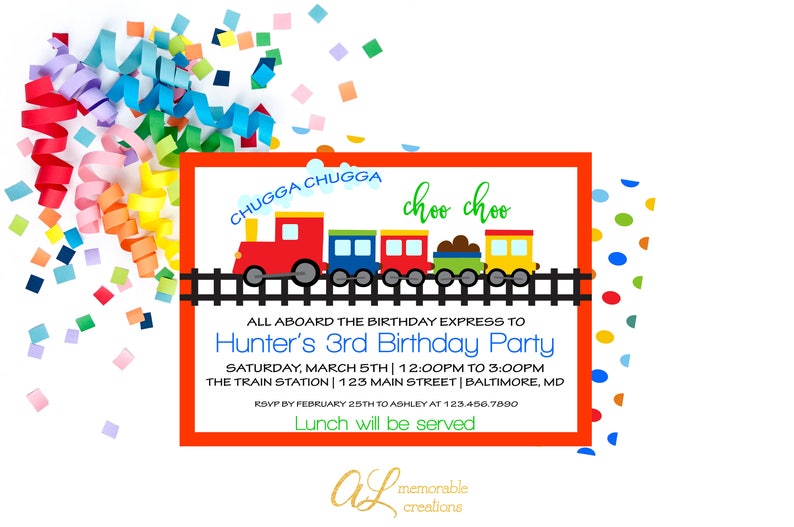K&ouml;nnte beinhalten: Eine bunte Zug-Geburtstagseinladung mit einem roten, blauen, gelben und gr&uuml;nen Zug auf einem schwarzen Gleis. Der Text lautet "CHUGGA CHUGGA choo choo ALL ABOARD THE BIRTHDAY EXPRESS TO Hunter's 3rd Birthday Party SATURDAY, MARCH 5TH | 12:00PM TO 3:00PM THE TRAIN STATION | 123 MAIN STREET | BALTIMORE, MD RSVP BY FEBRUARY 25TH TO ASHLEY AT 123.456.7800 Lunch will be served AL memorable creations"