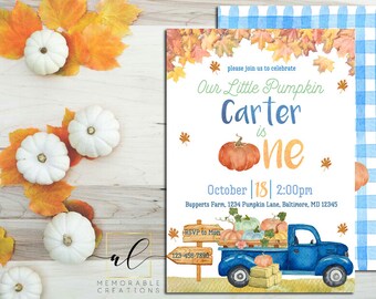 Blue Pumpkin Truck Birthday Invitation, Boy Pumpkin Birthday Invite, Boy 1st Birthday, Our Little Pumpkin is One Invite, Fall Birthday Party