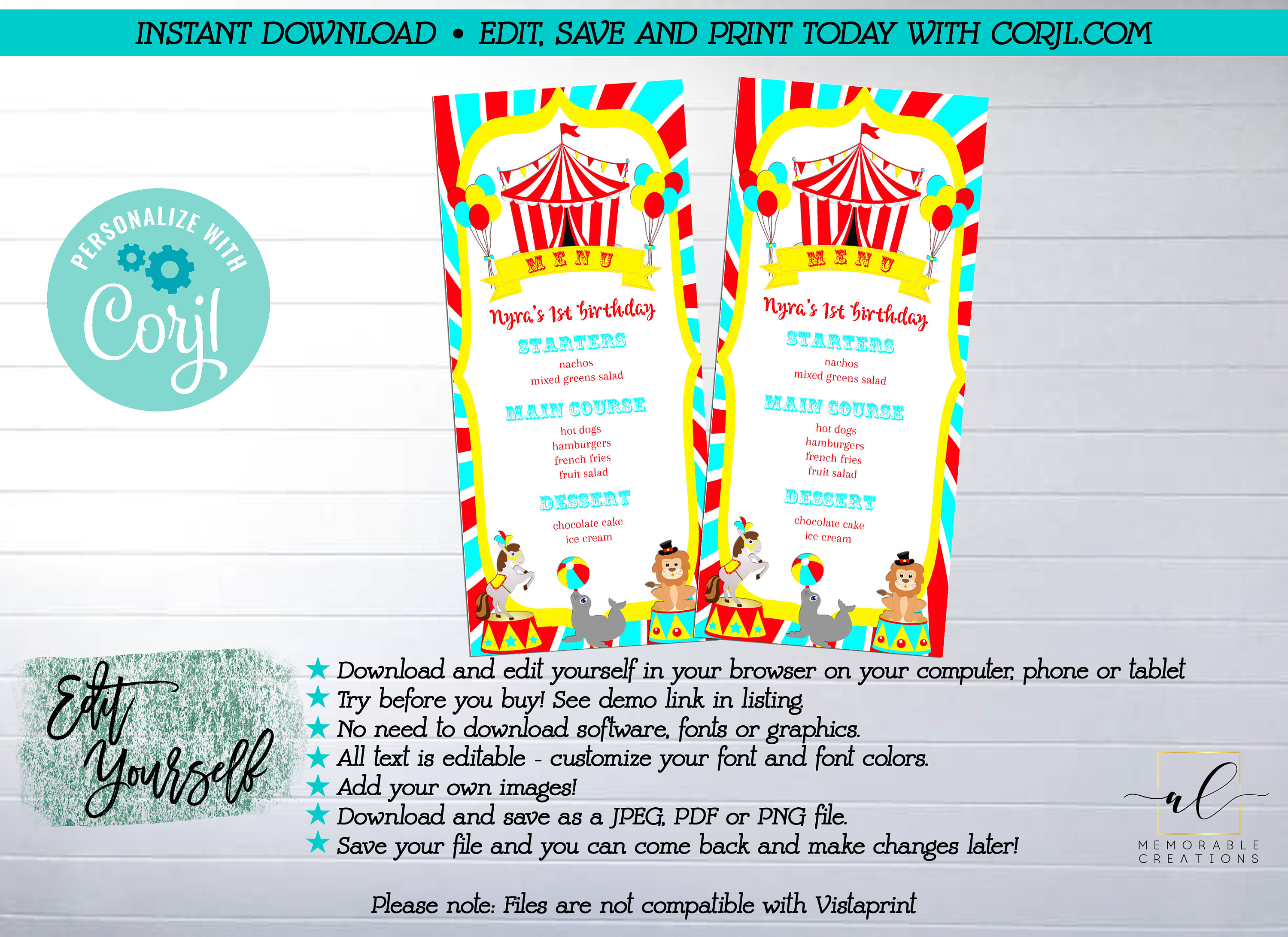 Circus Printable Menu, Editable Circus Menu Template, Instant Download ...