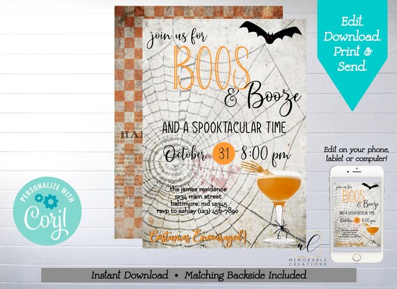 Boos and Booze Printable Invitation, Edit Yourself Halloween Invitation, Instant Download Spooktacular Invite, Boos and Booze Party, Corjl