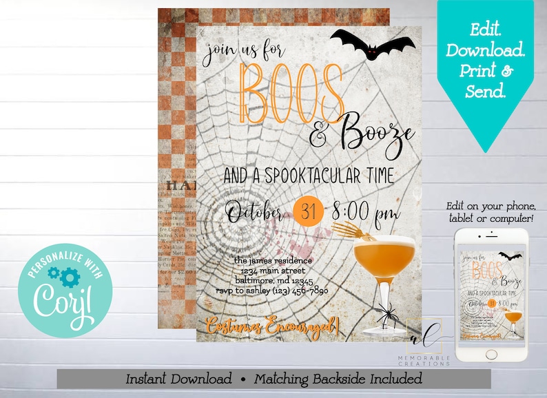 Op de afbeelding: Een printbare Halloween-partij uitnodiging met een spinnenweb achtergrond, een cocktailglas en de tekst "Boo's & Booze and a Spooktacular Time, October 31, 8:00 pm".