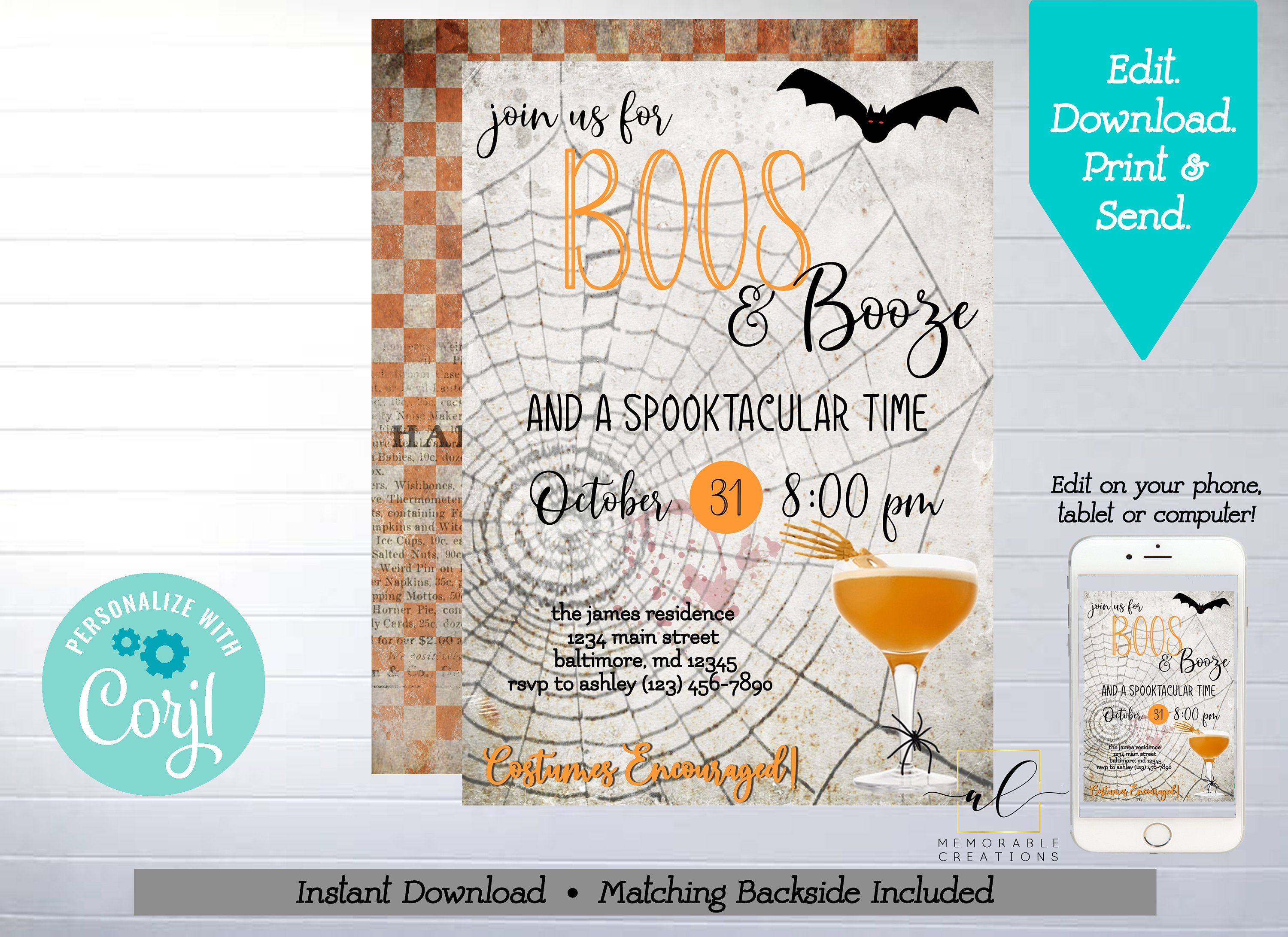 Boos and Booze Printable Invitation, Edit Yourself Halloween Invitation ...
