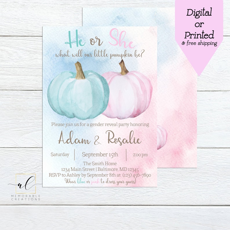 Pumpkin Gender Reveal Invitation Blue or Pink Gender Reveal - Etsy
