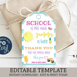 School is Out Summer is Here Teacher Thank You Printable Tags, Edit Yourself End of School Year Tags, Instant Download Teacher Gift Tag