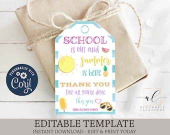 School is Out Summer is Here Teacher Thank You Printable Tags, Edit Yourself End of School Year Tags, Instant Download Teacher Gift Tag