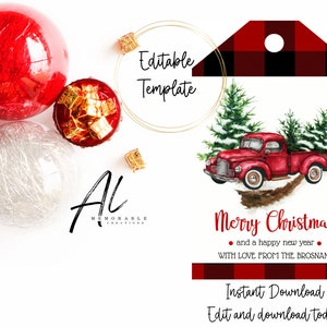 Red Christmas Truck Printable Tags, Edit Yourself Red Truck Tags, Instant Download Christmas Tag, Buffalo Plaid Tag, Holiday Gift Tag