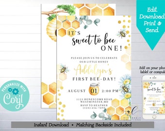 Honey Bee Birthday Printable Invitation, Edit Yourself Bee Invitation, It's Sweet to Bee One, Bee Day, Bee Birthday Party, Instant Download