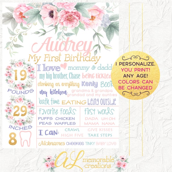 Floral First Birthday Sign, Pink and Gold Floral Birthday Chalkboard, Girl 1st Birthday, Birthday Poster, Milestones, Photo Prop, Digital