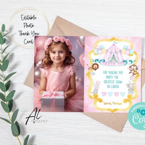 Editable Circus Photo Thank You Card, Printable Pink Circus Thank You Card, Thank You Card Template, Circus Thank You, Instant Download
