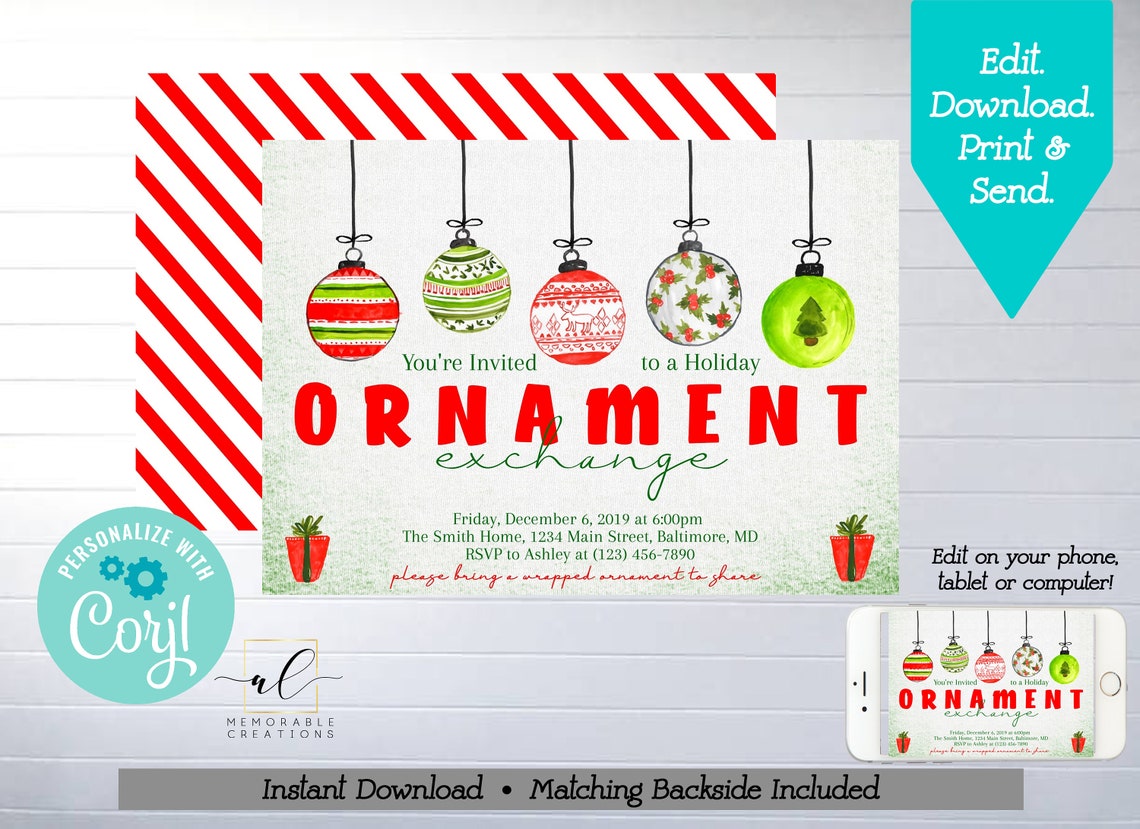Ornament Exchange Printable Invitation Edit Yourself Ornament Etsy