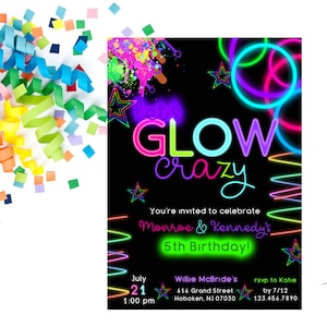 Let&#39;s Glow Crazy Birthday Invitation, Glow Party Invitation, Glow Invitation, Glow Party Invite, Neon Party Invite, Glow in the Dark Party