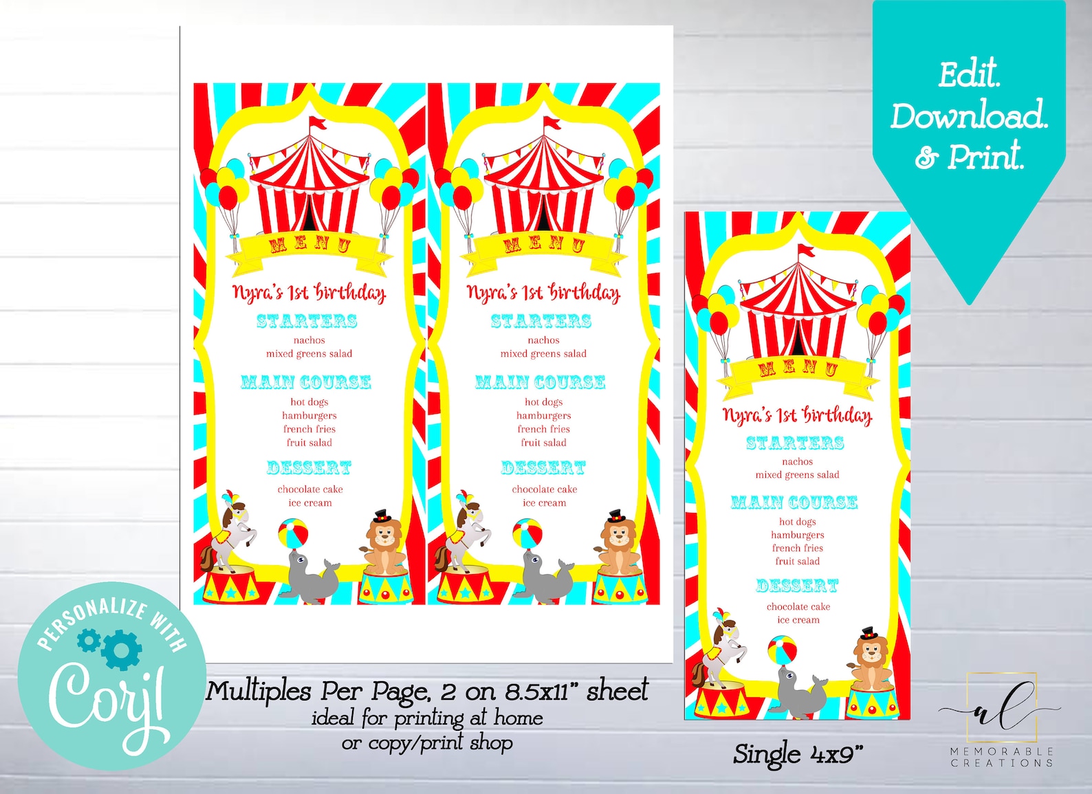Circus Printable Menu, Editable Circus Menu Template, Instant Download ...