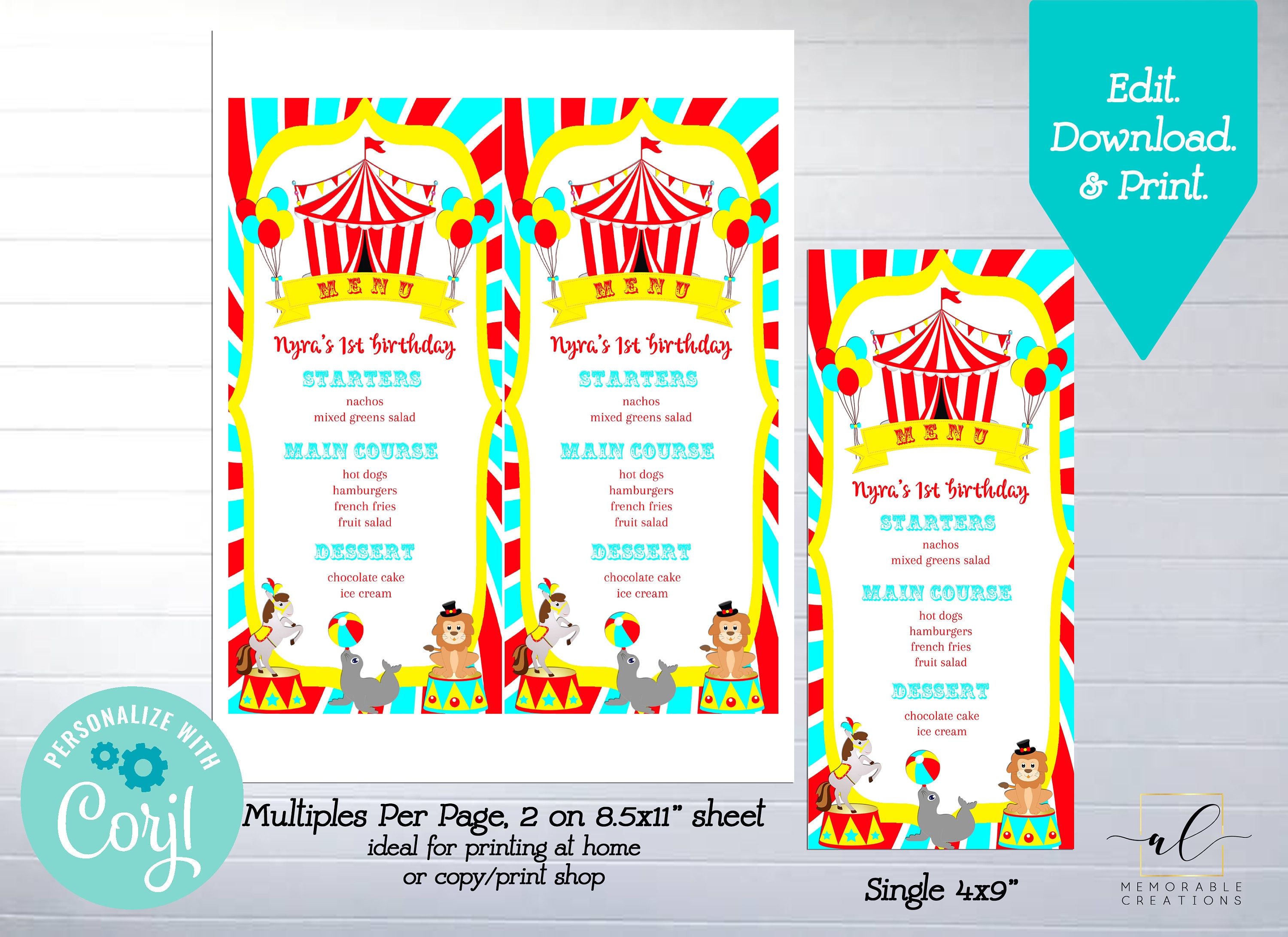 Circus Printable Menu, Editable Circus Menu Template, Instant Download ...