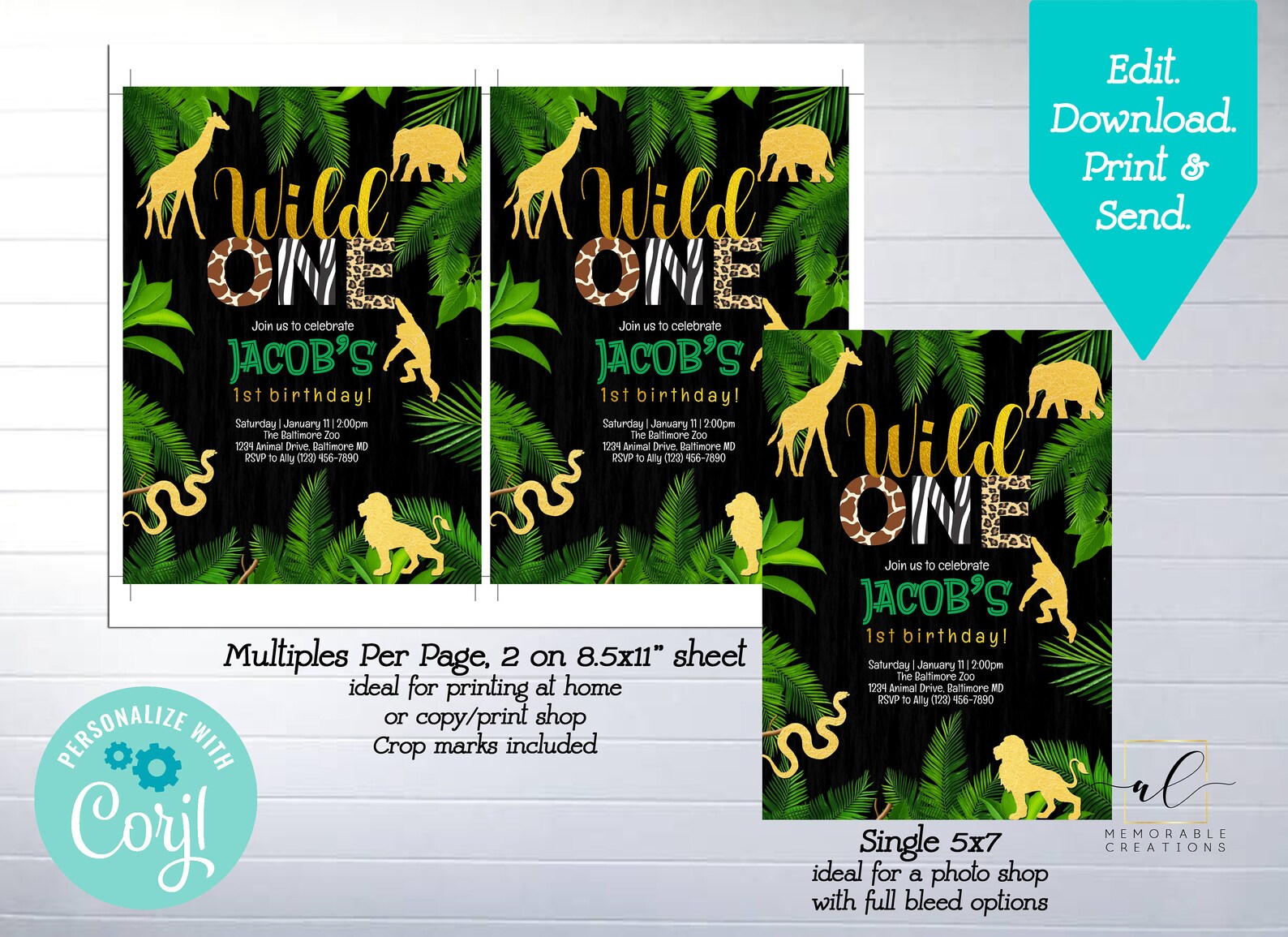 Wild One Birthday Printable Invitation Edit Yourself Boy Safari