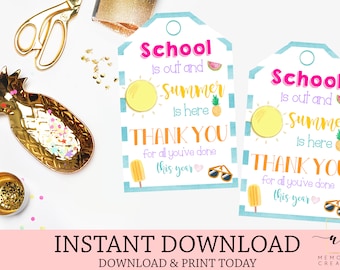 School Is Out Summer is Here Teacher Thank You Tags, Teacher Appreciation Tags, End of School Year Tag, Teacher Gift, Instant Download