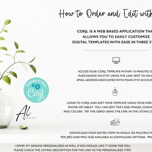 May include: A white background with black text explaining how to order and edit digital templates using the Corjl website. The text includes the phrase "Personalize with Corjl" in a blue circle with a white gear icon.