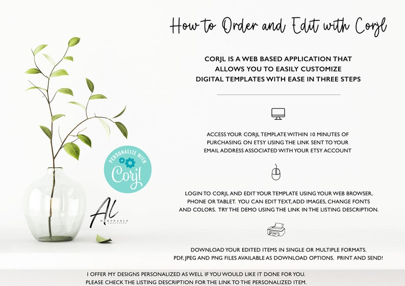 May include: A white background with black text explaining how to order and edit digital templates using the Corjl website. The text includes the phrase "Personalize with Corjl" in a blue circle with a white gear icon.